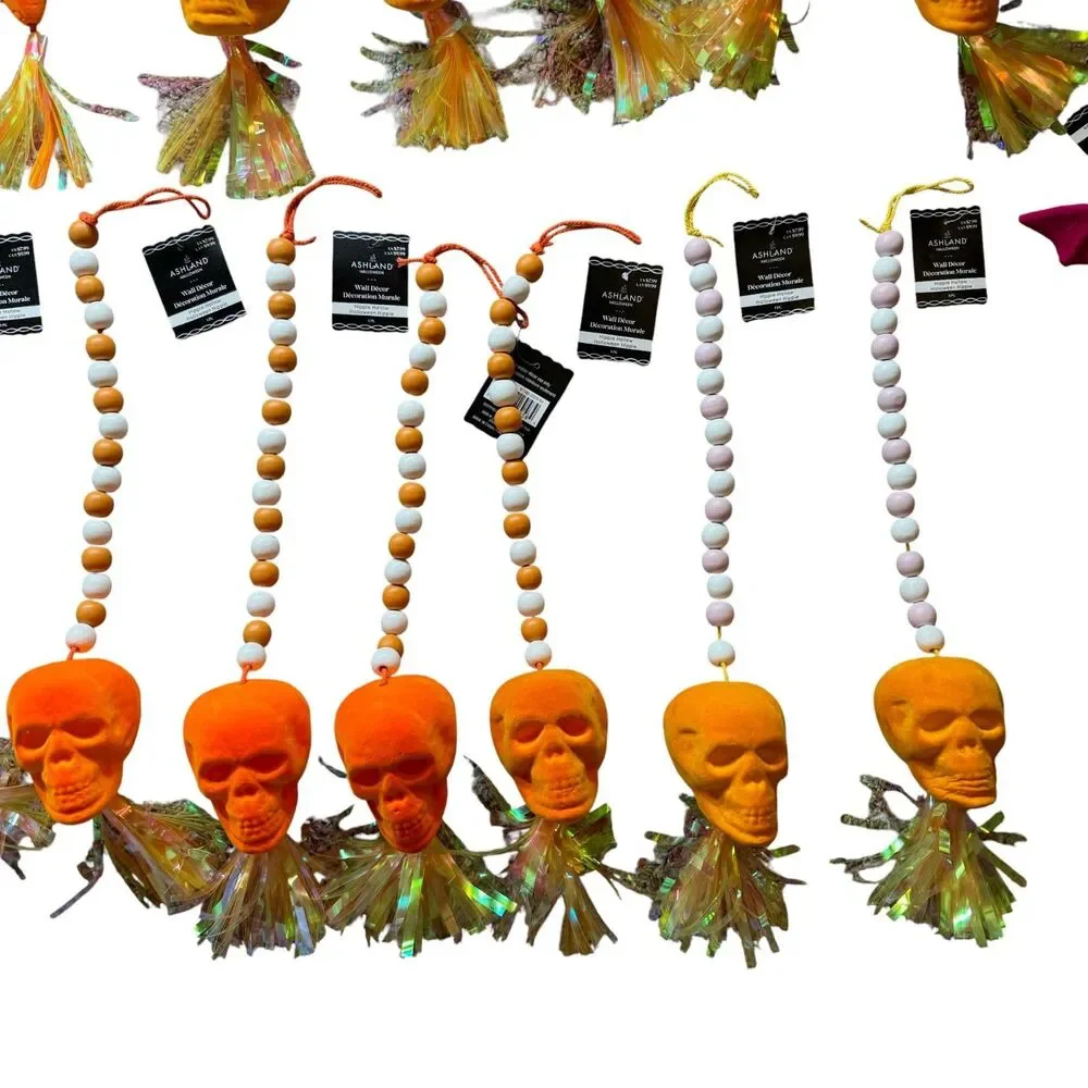Ashland Halloween Decor Hanging Beads LOT of 17 Skulls Bats Flocked Orange NEW